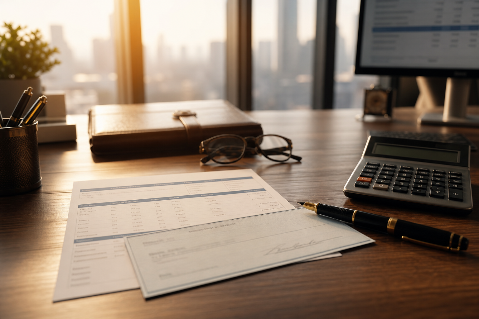 Payroll and a paycheck on a desk