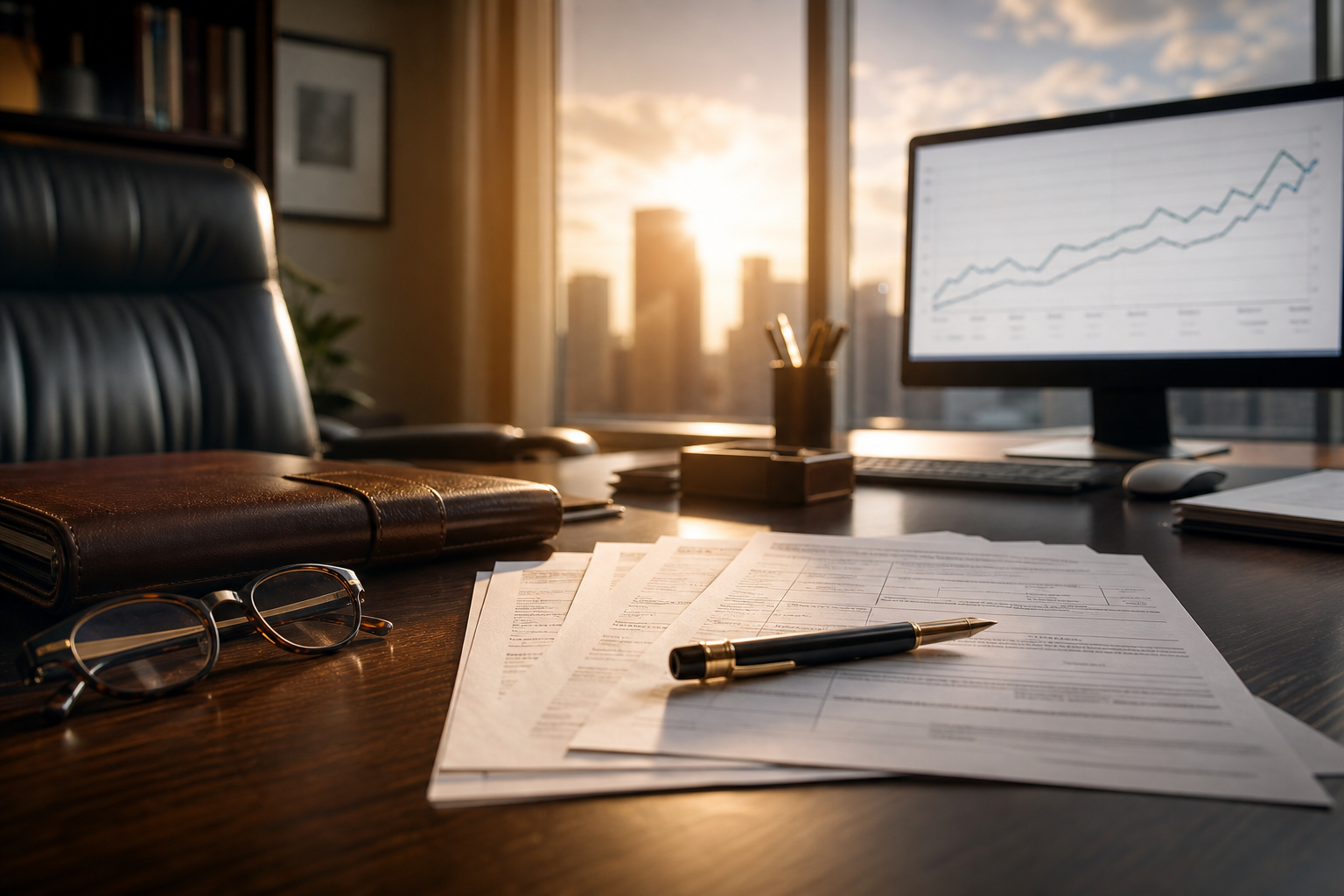 Executive desk with business formation documents at golden hour