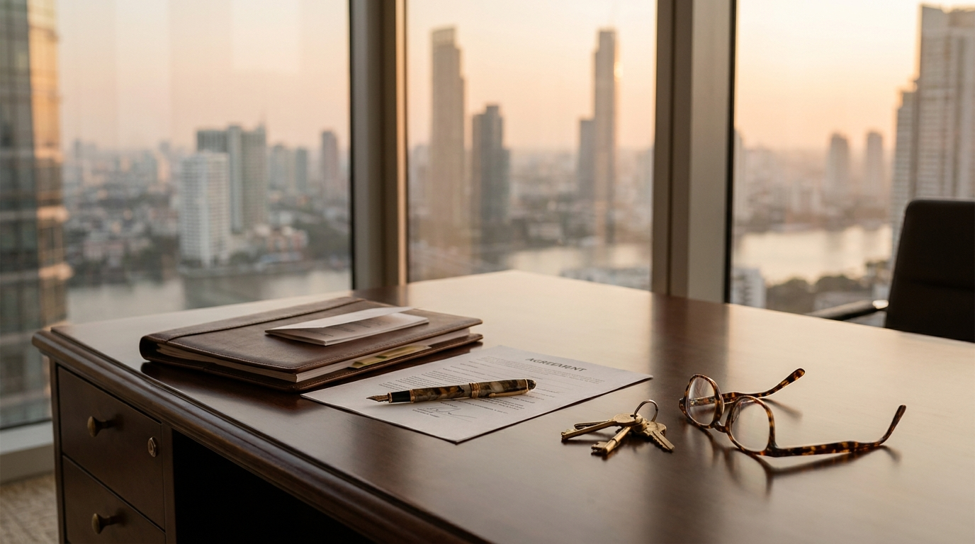 Founder reviewing a business sale agreement and tax documents at a desk at golden hour